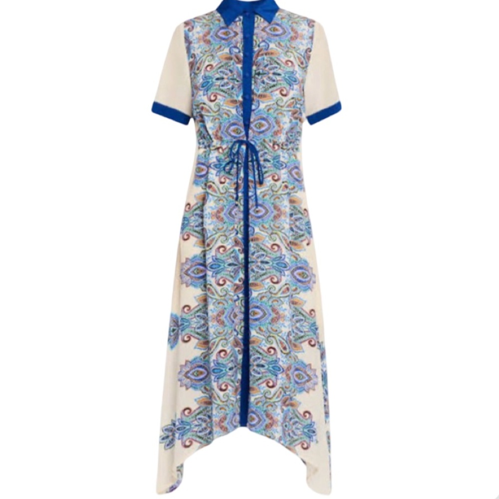 Johnny Was Cream and Blue High-Low Button-Front Midi Dress Size Small - Picture 3 of 16